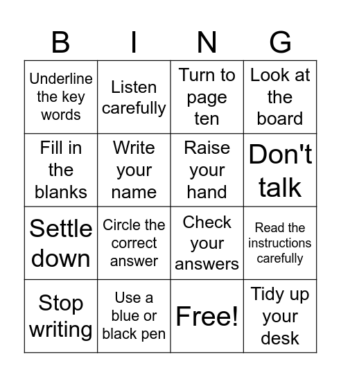 Exam Command Bingo Card