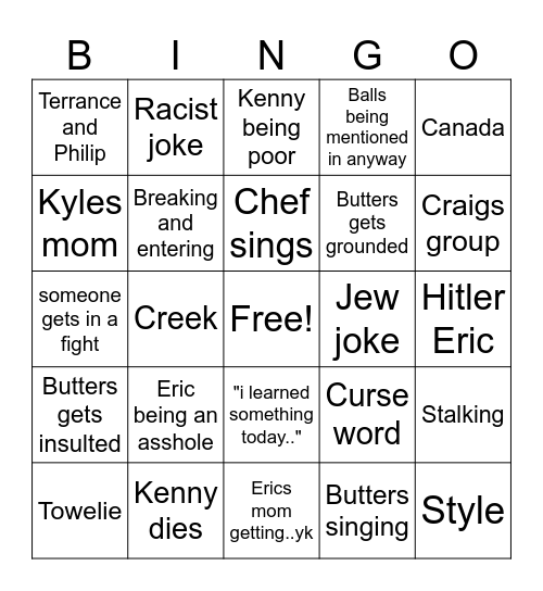 South Park Bingo Card