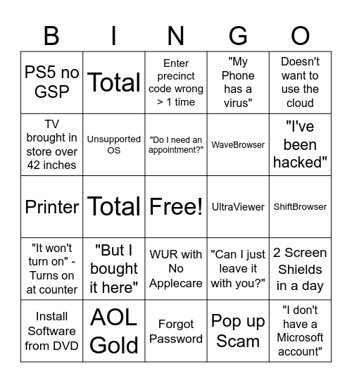 Geek Squad Bingo Card