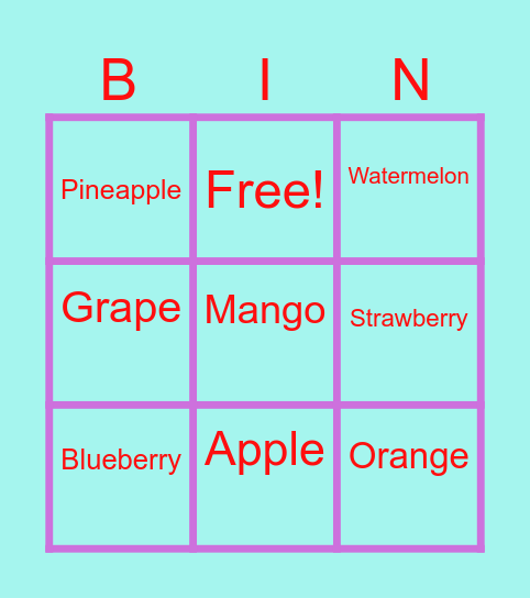 Fruits Bingo Card