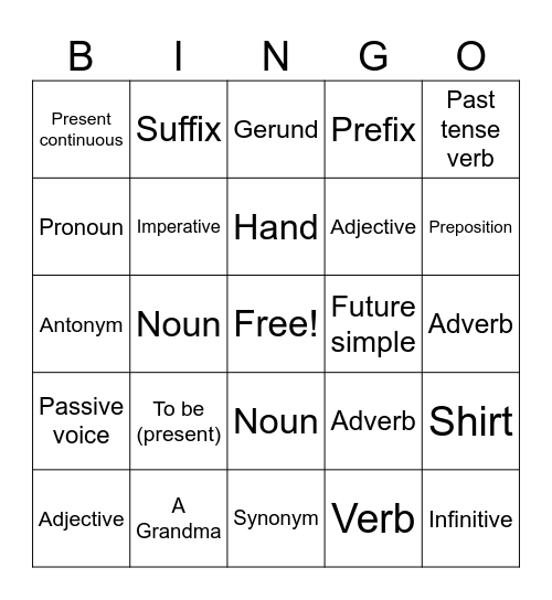 Adjective Bingo Card