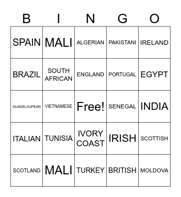 NATIONALITIES AND COUNTRIES Bingo Card