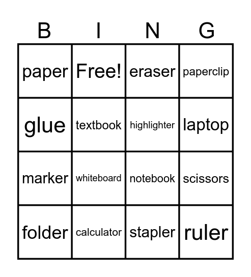 Classroom Items Bingo Card
