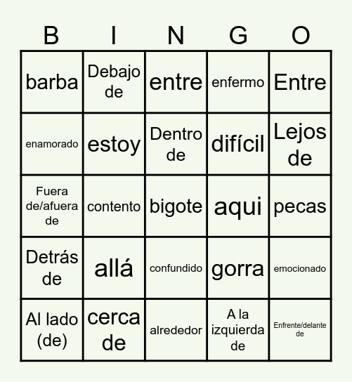 Preposiciones de Lugar Bingo Card