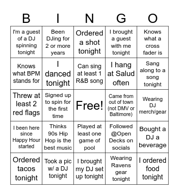 Open Decks Bingo Card