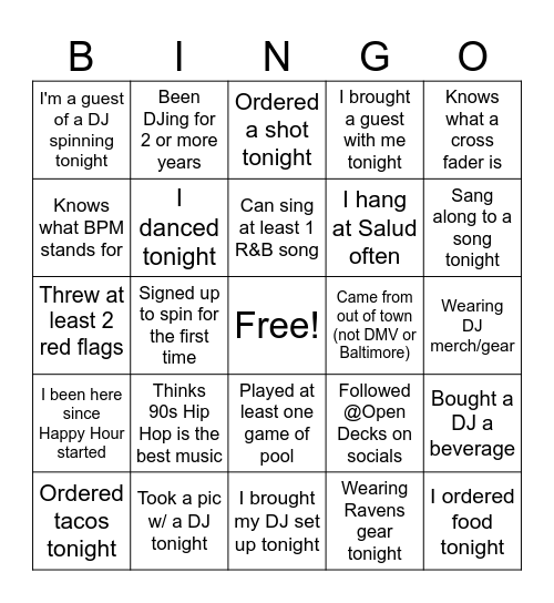 Open Decks Bingo Card