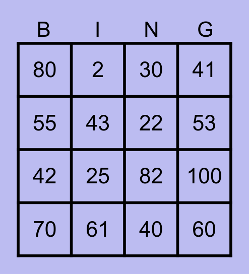 NUMEROS 0-100 Bingo Card