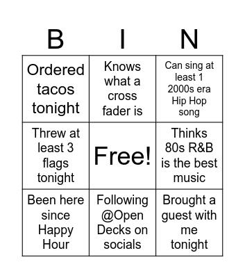 Open Decks Bingo Card