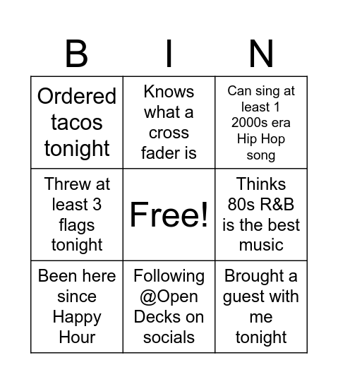 Open Decks Bingo Card
