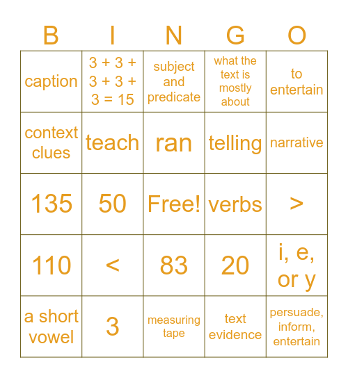 SECOND GRADE Bingo Card