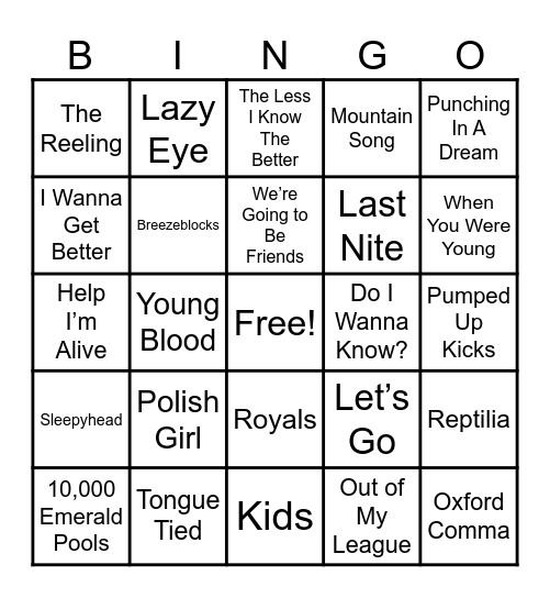 2010s Alt/Indie Bingo Card