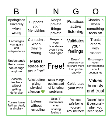 Green Flags & Green Hearts: Healthy Relationships Edition 💚 Bingo Card