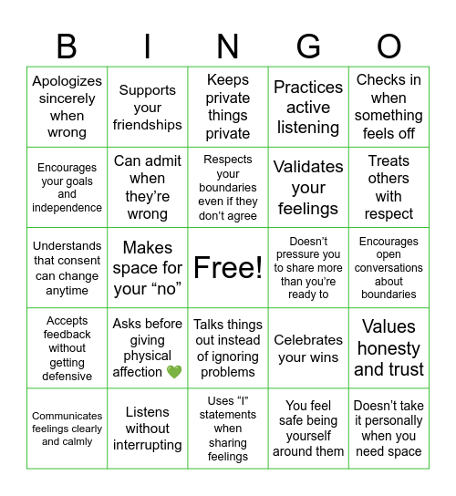 Green Flags & Green Hearts: Healthy Relationships Edition 💚 Bingo Card