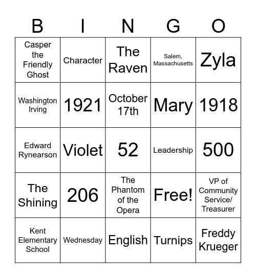 NHS and Halloween Bingo Card