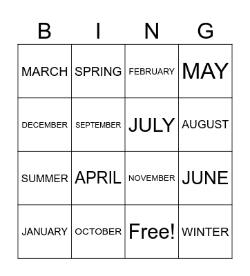 Months and Seasons Bingo Card