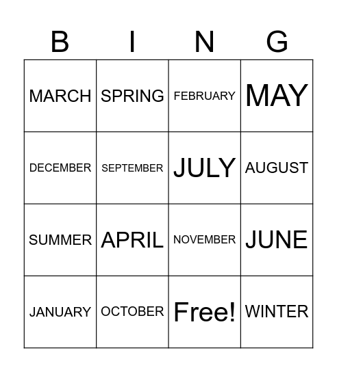 Months and Seasons Bingo Card
