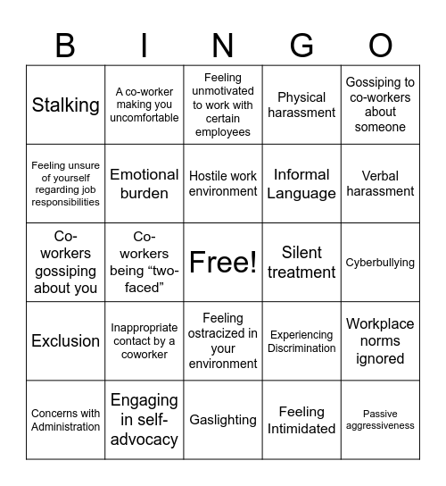 Workplace Experiences Bingo Card