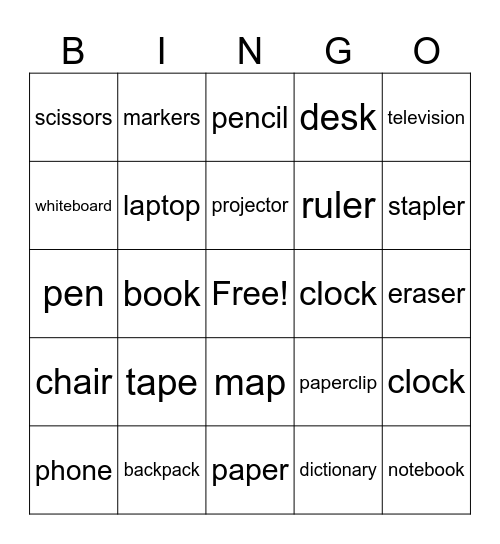 Classroom Objects Bingo Card