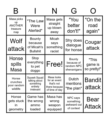 Squeek Squad RDR 2 Bingo Card