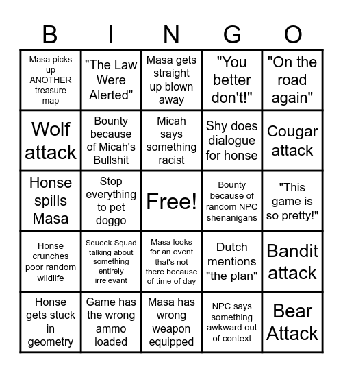 Squeek Squad RDR 2 Bingo Card