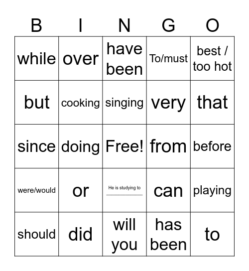 English Bingo Card