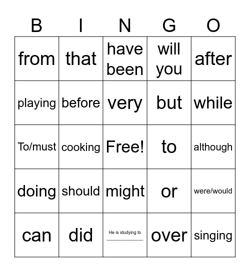 English Bingo Card