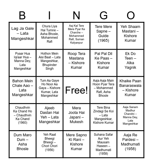 🎬 Bollywood Bingo – Round 1: Golden Era (1950s–1970s) Bingo Card