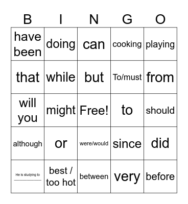 English Bingo Card