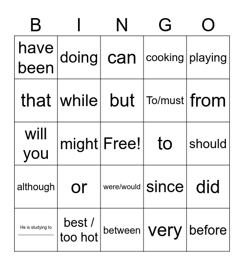 English Bingo Card