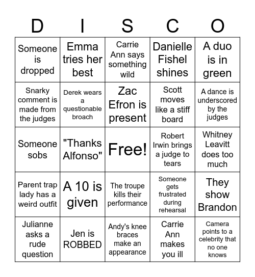 DWTS Dedication Night! Bingo Card
