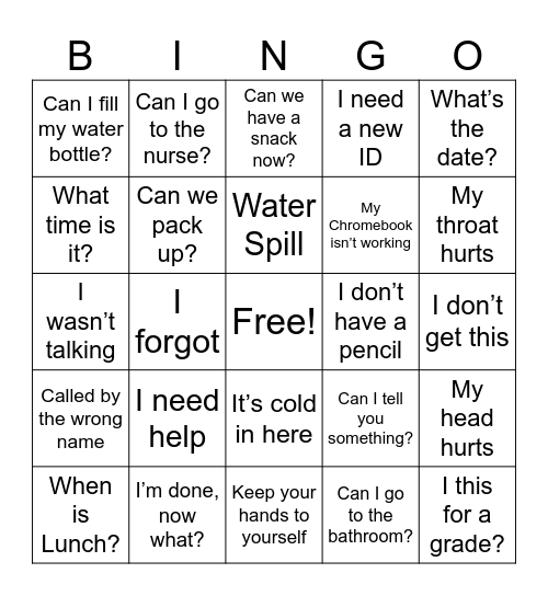 TEACHER BINGO Card