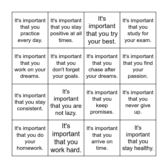 It's important that ~ Bingo Card