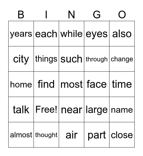 Sight words Bingo Card