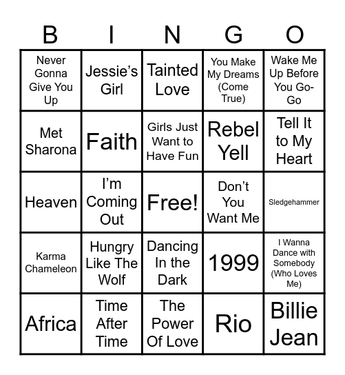 80s Pop Bingo Card