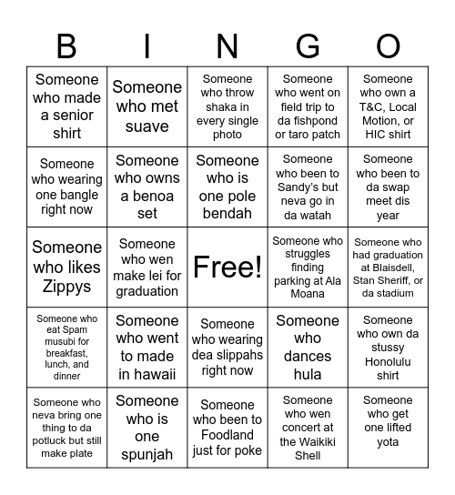 Hawaii Club Bingo Card