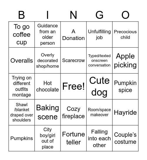 Autumnal Hallmark Movies Bingo Card