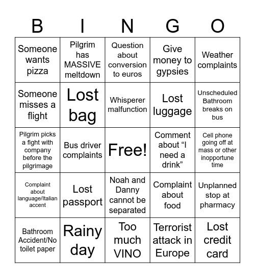 Italian Pilgrimage Bingo Card
