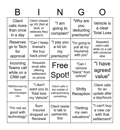Total Loss Claim's Bingo Card