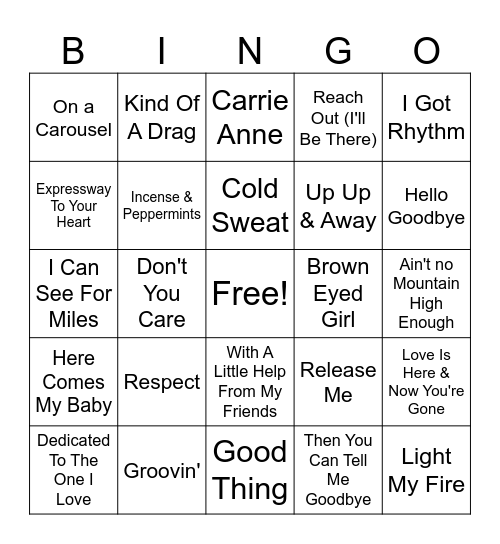 1967 Hits Bingo Card