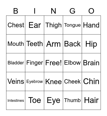 Parts of the body Bingo Card