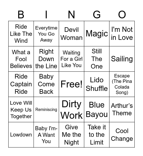 LVBC Yacht Rock Bingo Card