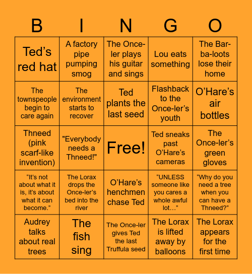 The Lorax Bingo Card