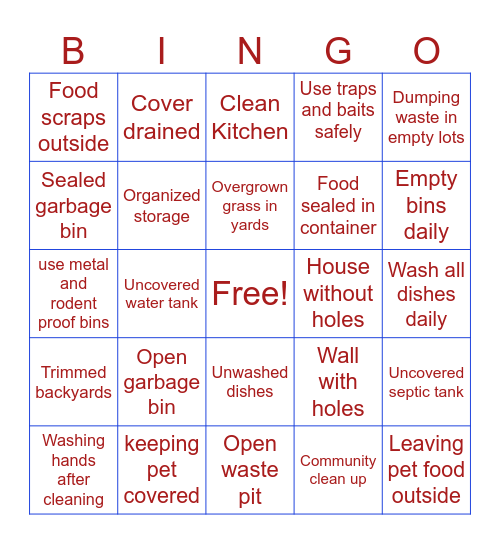 Safe and Risk Behaviour for Rodents Infestation Bingo Card