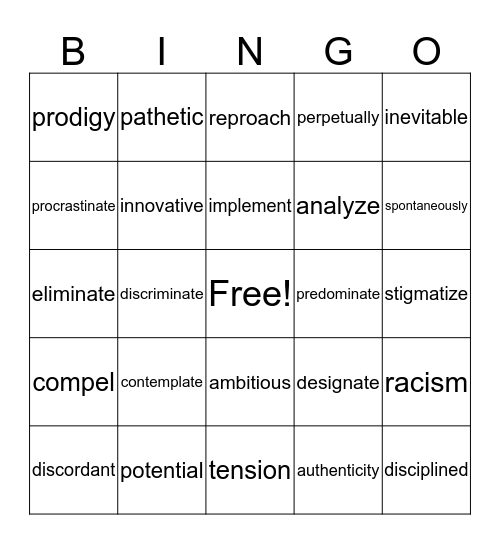 Vocabulary Review Bingo Card