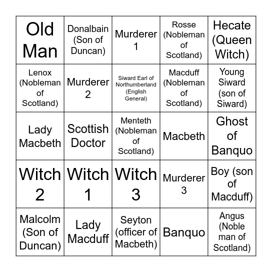 Macbeth Bingo Card
