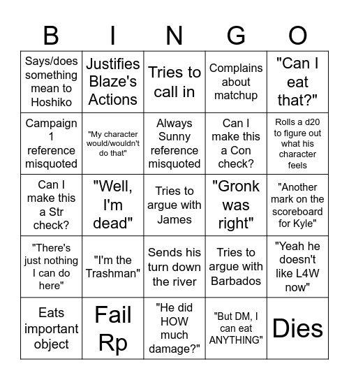 Kyle Bingo Card
