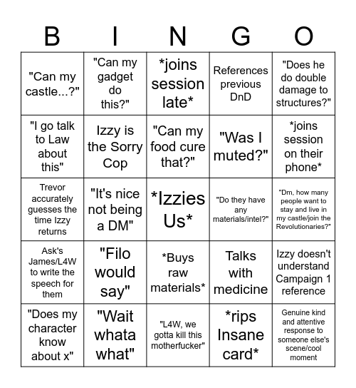 Izzy Bingo Sheet Bingo Card