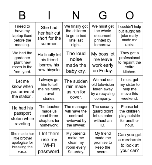 Causative Constructions Bingo Card