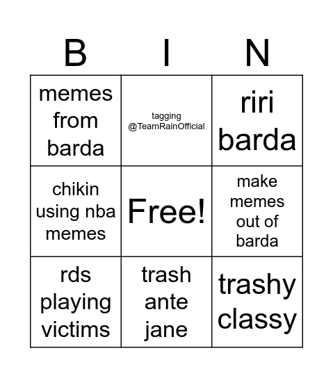 Raindears Experience Bingo Card
