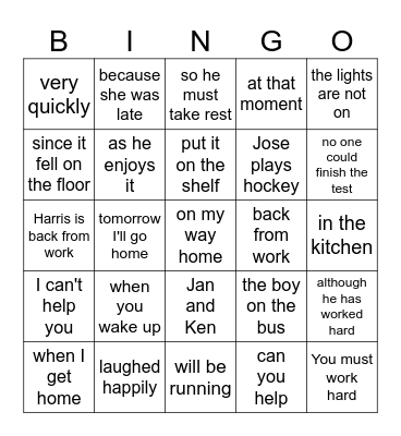 Phrase, Independent Clause or Dependent Clause Bingo Card